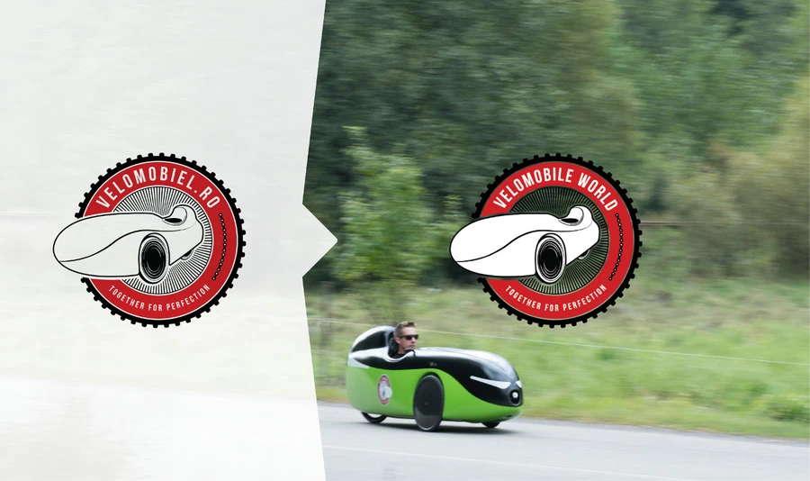 Velomobile world's new logo and a velomobile in motion 